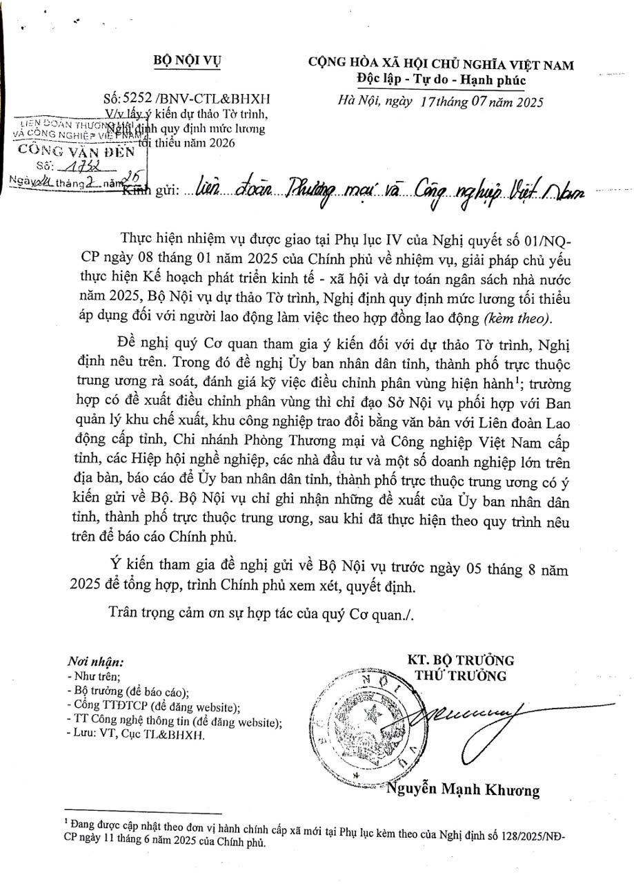 Dự thảo mức lương tối thiểu đối với người lao động làm việc theo hợp đồng lao động