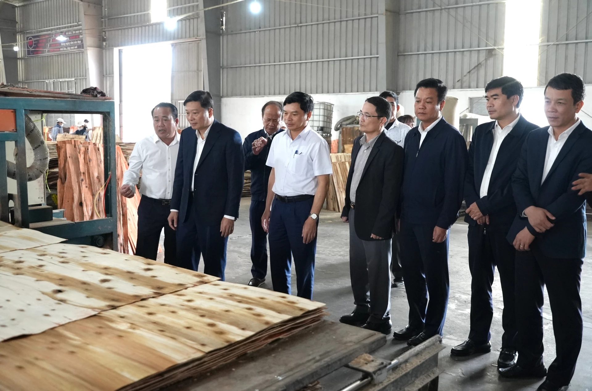 Đồng chí Lê Hồng Vinh, Chủ tịch UBND tỉnh cũng thăm, kiểm tra tại Nhà máy sản xuất ván ép Thăng Long - Ảnh: Trung Đức